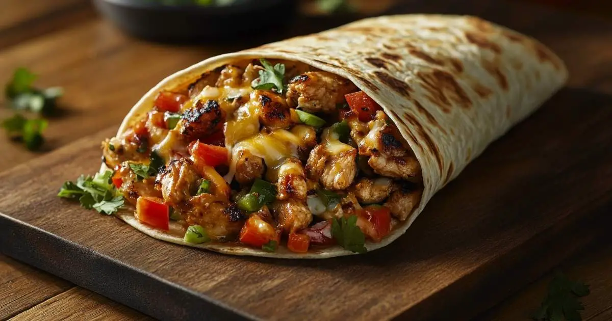 Close-up of Cheesy Garlic Chicken Wraps with melted cheese and vibrant vegetables