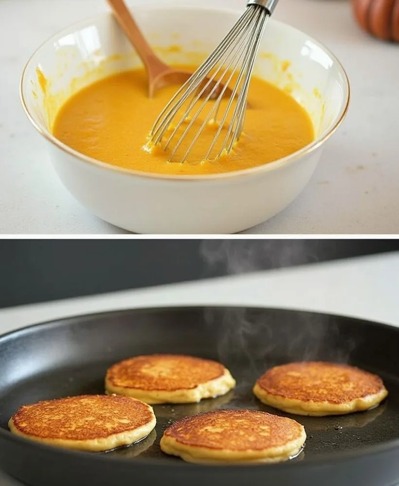 Step-by-step process of making pumpkin pancake batter and cooking pancakes on a griddle.