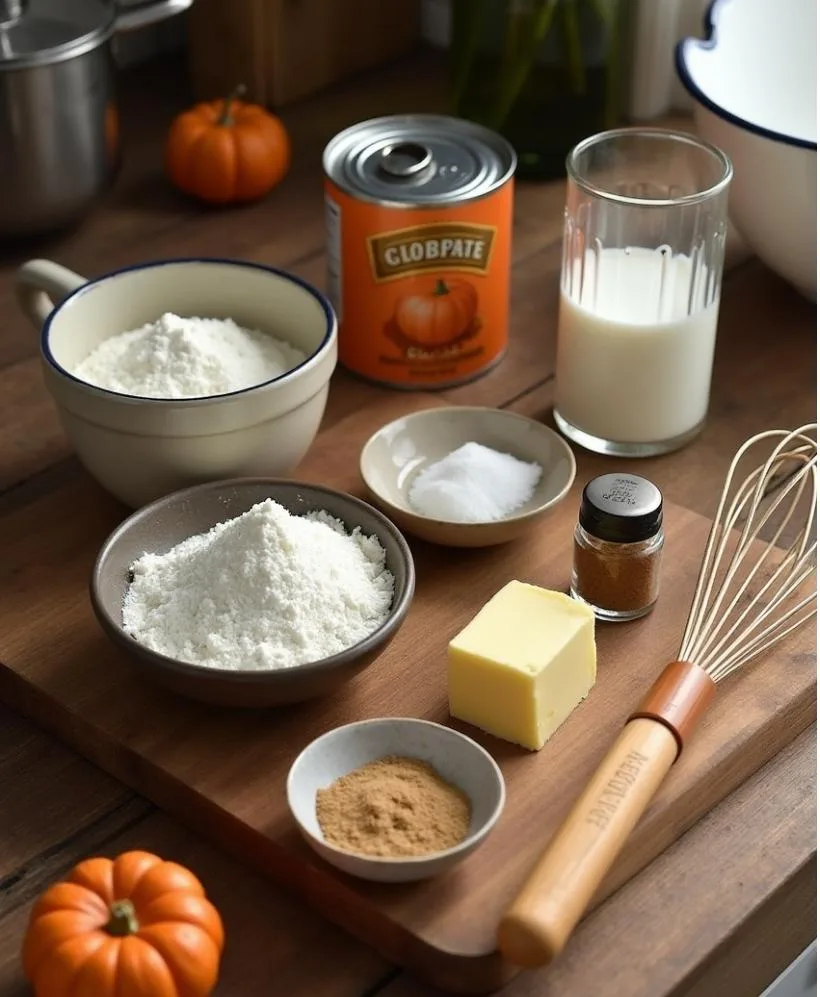 Pumpkin pancake ingredients arranged on a wooden countertop.
