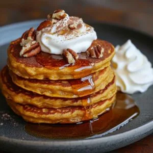 Fluffy pumpkin pancakes stacked with maple syrup and cinnamon garnish.