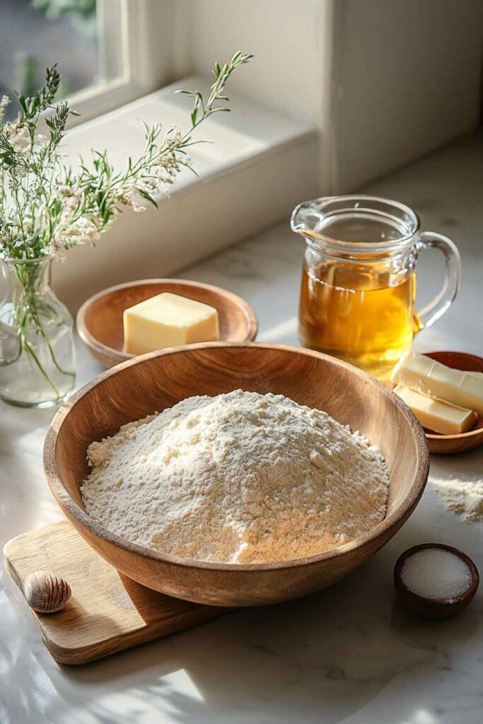 Ingredients for Sourdough Discard Sandwich Bread on Kitchen Counter