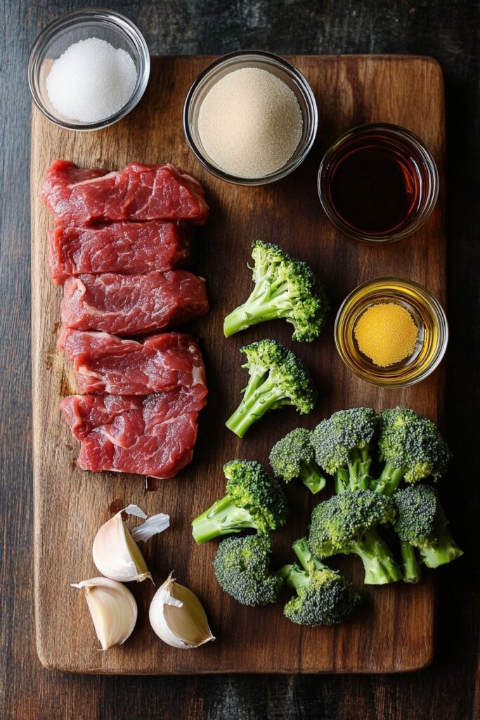 Beef and Broccoli Recipe Ingredients on a Wooden Board
