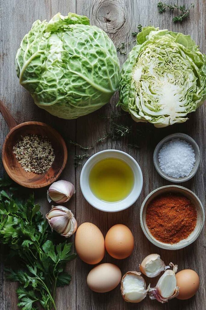 Ingredients for Cabbage and Eggs Recipe on a Rustic Table