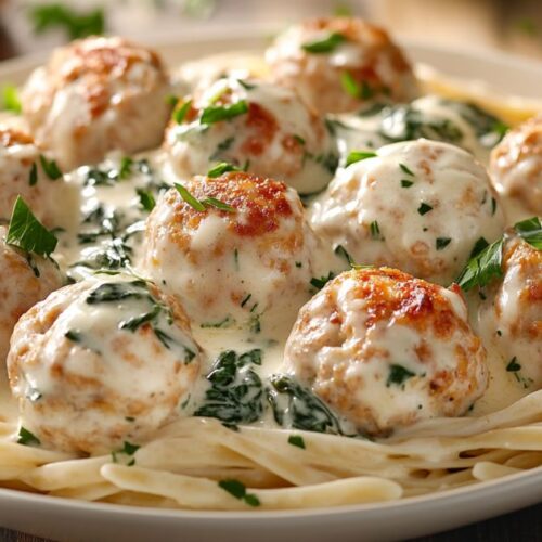 Chicken Ricotta Meatballs with Spinach Alfredo Sauce