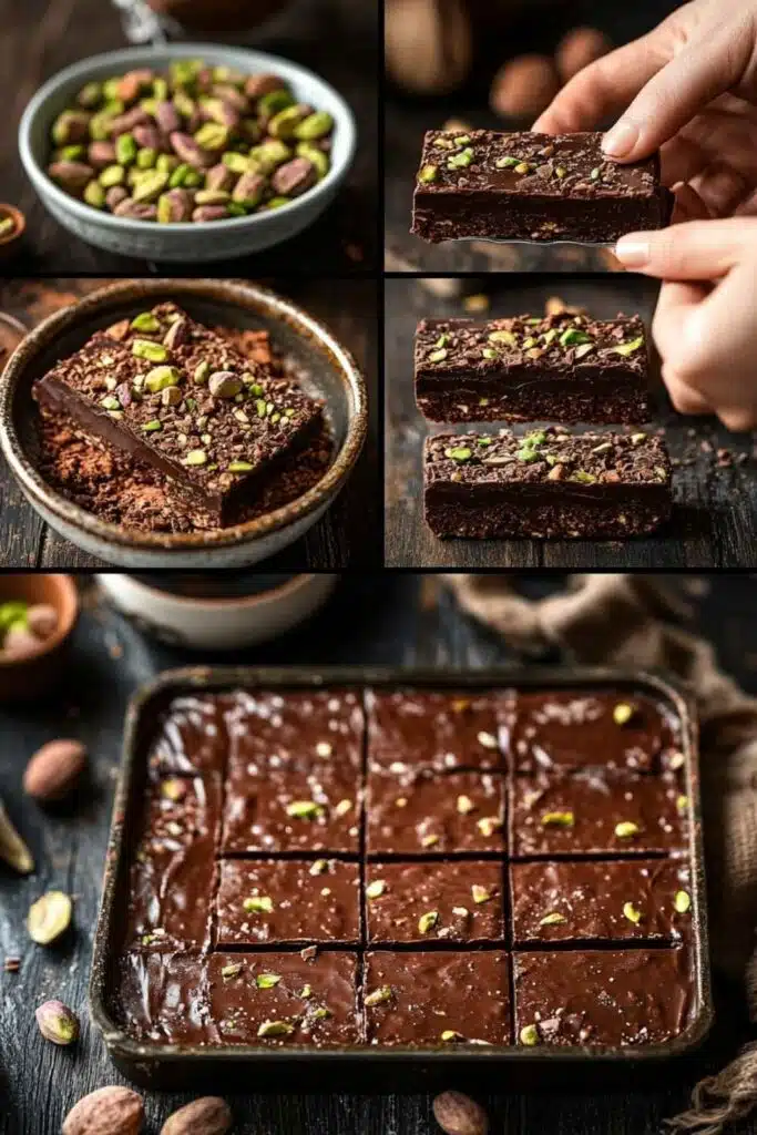 Step-by-step collage showing the process of making Pistachio Kunafa Chocolate Bar, from ingredients to the final chocolate-covered dessert topped with pistachios.