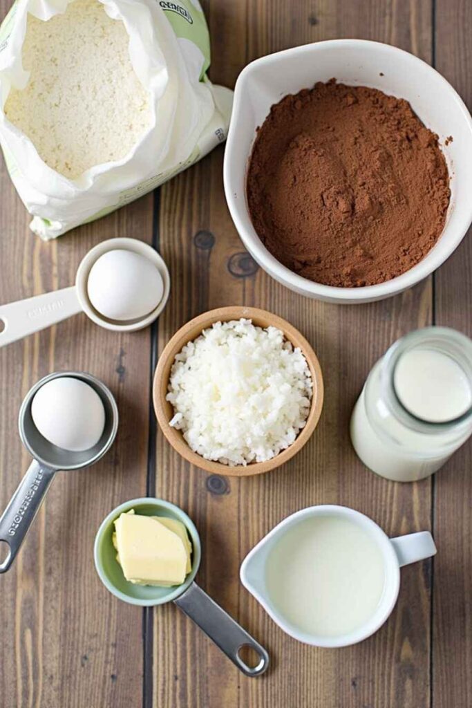 Ingredients for Mounds Cake Recipe on a Wooden Table