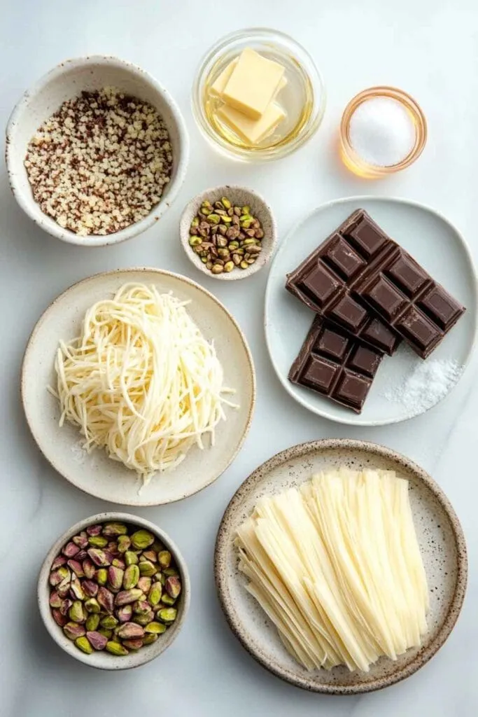 A flat lay of ingredients for Pistachio Kunafa Chocolate Bar, including kunafa dough, chocolate, pistachios, butter, and sugar on a white surface.