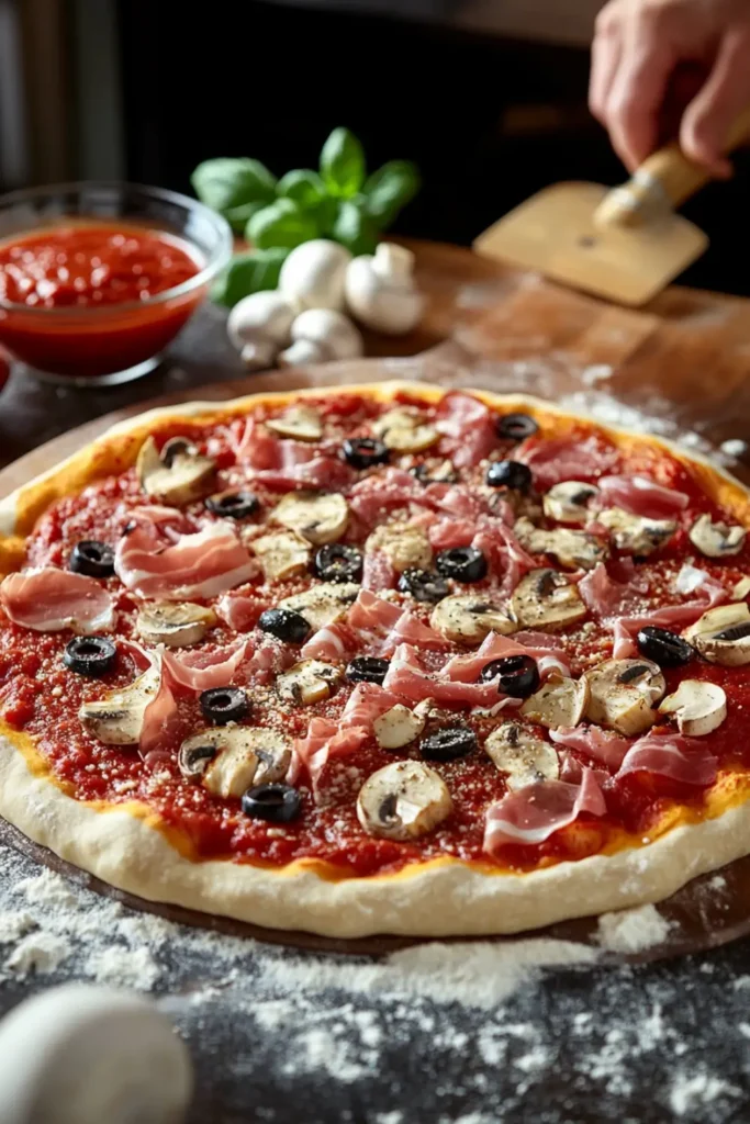 Homemade Capricciosa Pizza Preparation with Fresh Ingredients