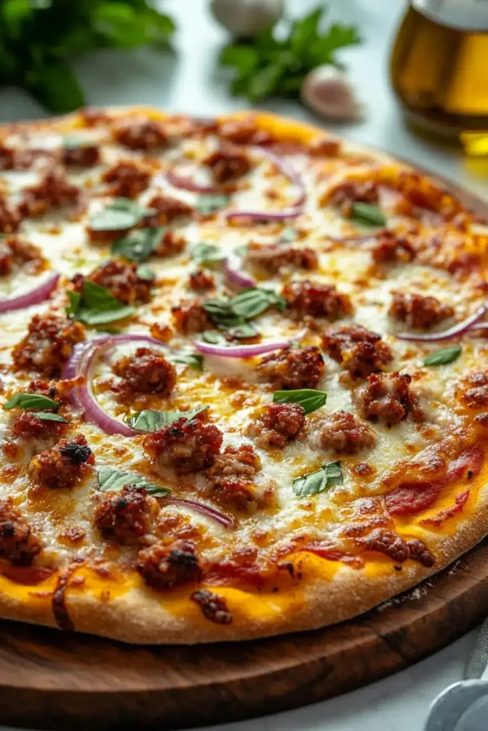 Homemade Chorizo Pizza with Melted Cheese and Fresh Herbs