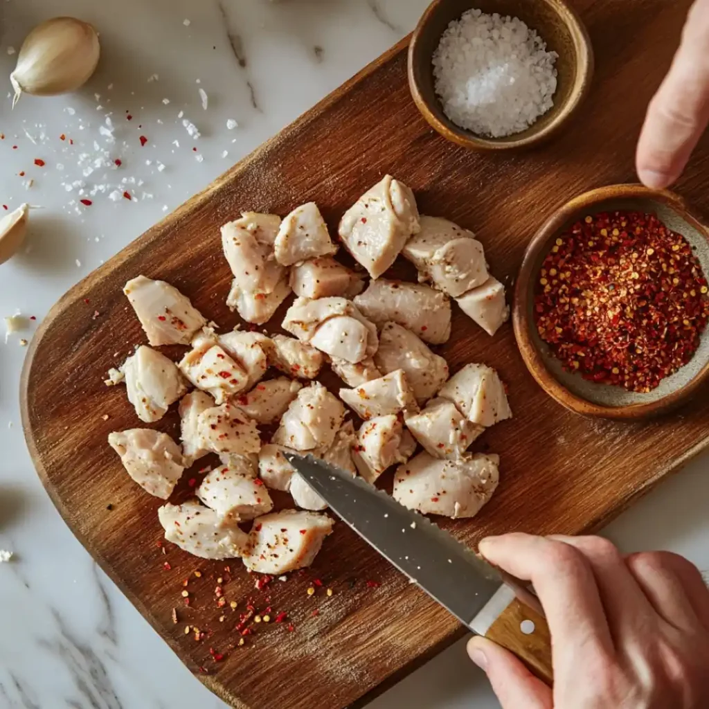 Searing Chicken Bites in Hot Skillet
