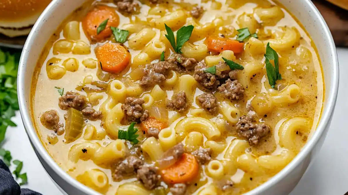 Creamy one pot macaroni cheeseburger soup with ground beef, carrots, and pasta in a white bowl