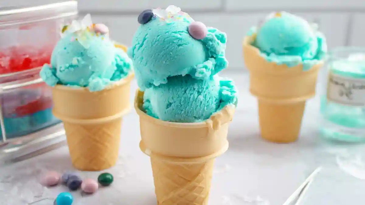 Blue bubble gum ice cream scoops in waffle cones with colorful gumballs and sprinkles