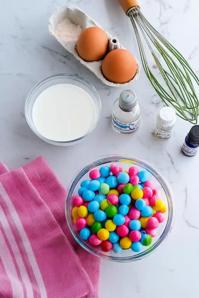 Ingredients for homemade bubble gum ice cream including eggs, cream, extract, food coloring, and colorful gumballs on marble countertop