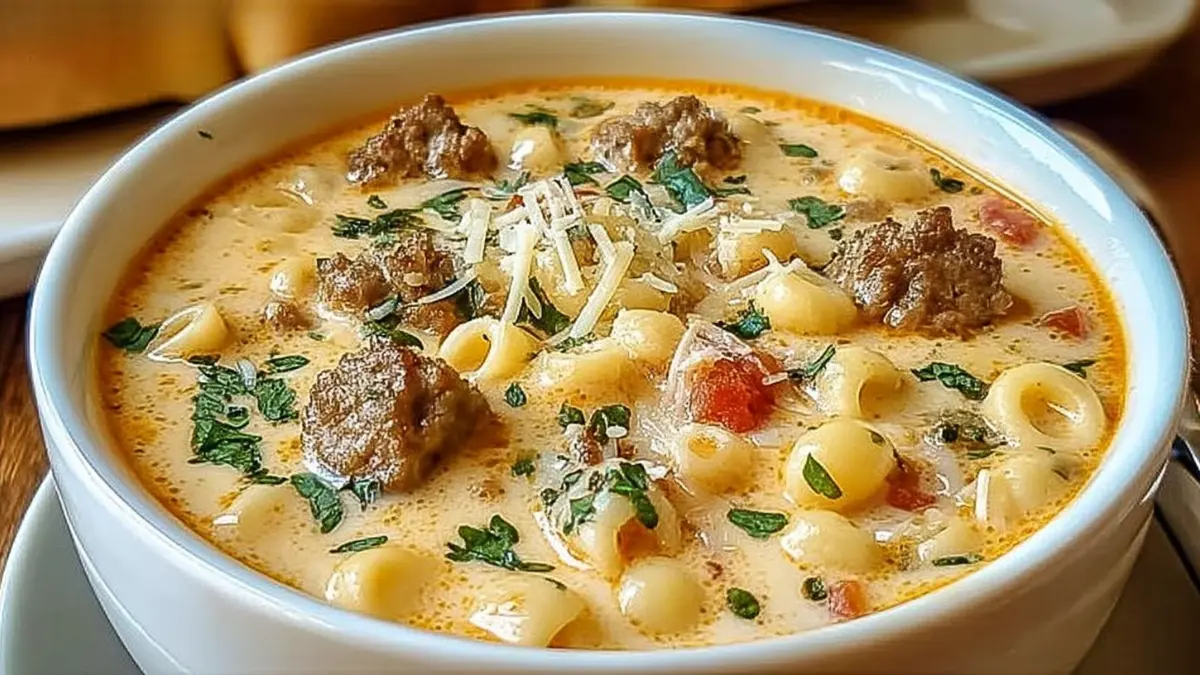 Creamy Parmesan Italian Sausage Soup in White Bowl