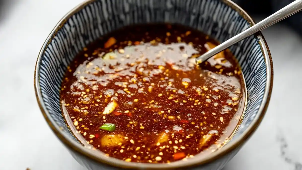 Thick homemade stir fry sauce with sesame seeds and vegetables in a blue striped bowl
