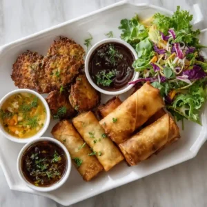 Assorted crispy appetizers including spring rolls, vegetable fritters, fresh salad, and dipping sauces on a white platter.