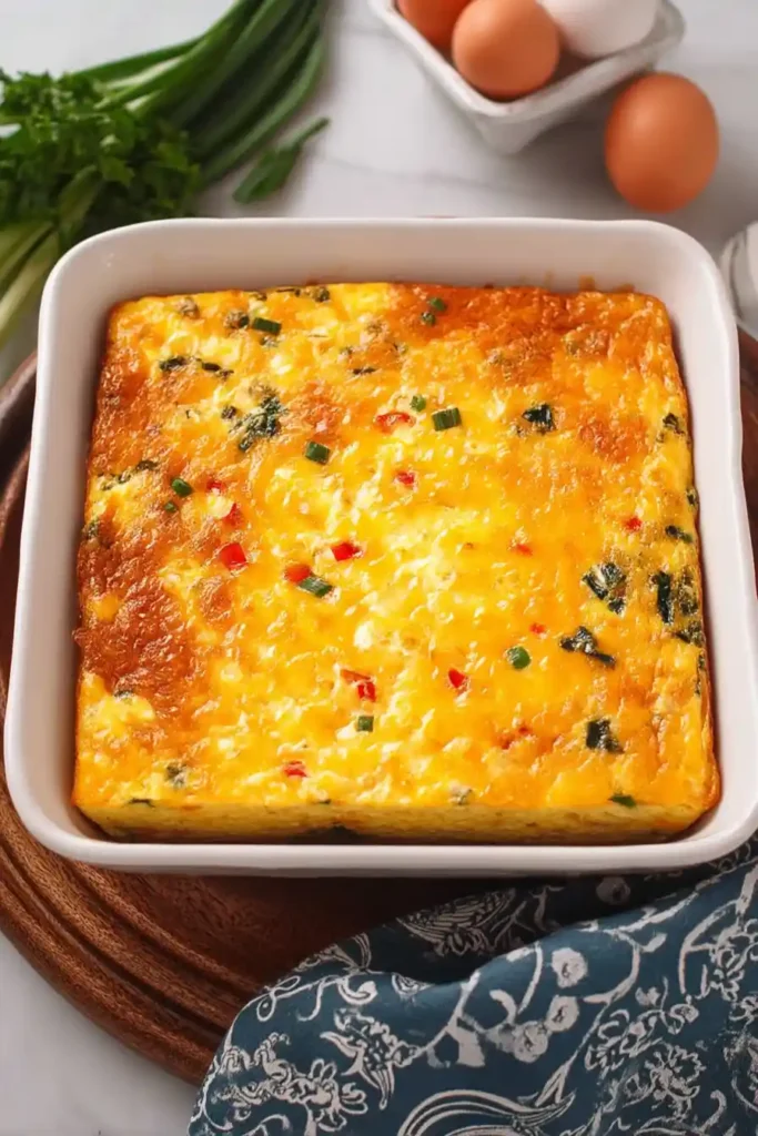 baked cottage cheese eggs casserole in white baking dish on wooden board