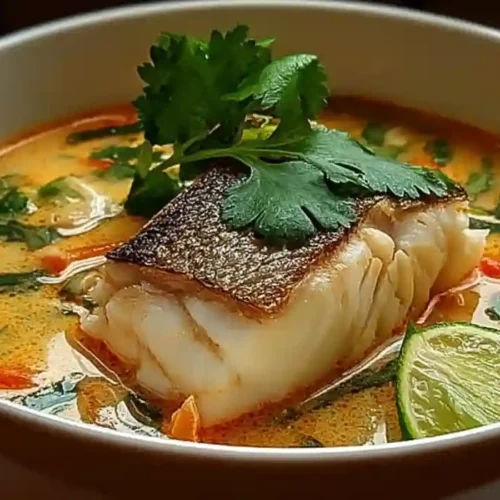 Creamy coconut lime fish soup with seared white fish, fresh herbs, and lime slices in a white bowl