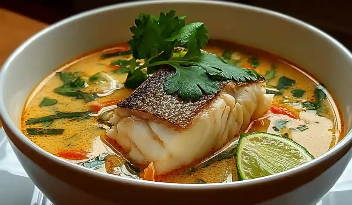 Creamy coconut lime fish soup with seared white fish, fresh herbs, and lime slices in a white bowl