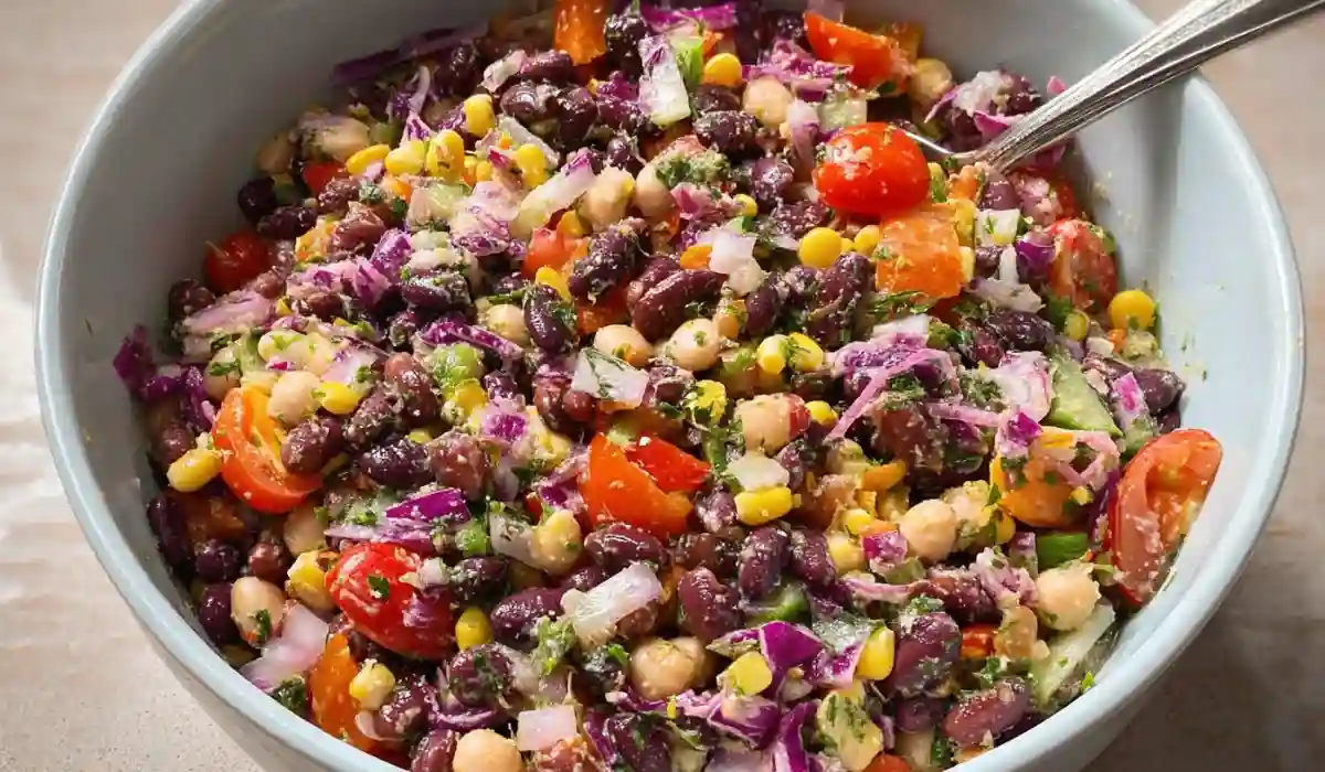 Colorful dense bean salad with black beans, chickpeas, corn, cherry tomatoes, and red cabbage in a white bowl