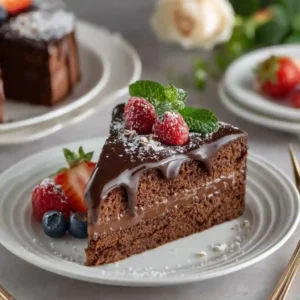 Slice of rich chocolate cake topped with glossy ganache, raspberries, mint leaves, and powdered sugar, served with fresh berries.