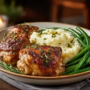 Crispy baked chicken thighs served with mashed potatoes and steamed green beans on a dinner plate.