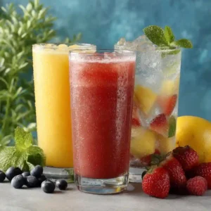 Three refreshing summer drinks: mango smoothie, berry slush, and fruit-infused sparkling water served in tall glasses with fresh fruit and mint.