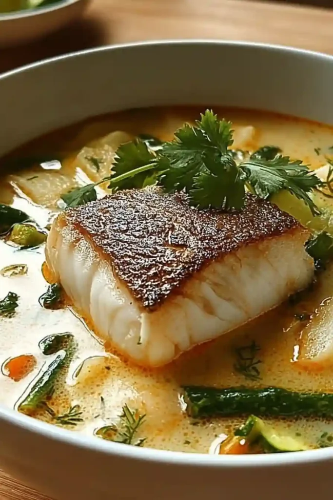Close-up of coconut lime fish soup with golden-seared cod, vegetables, and fresh cilantro in a light broth