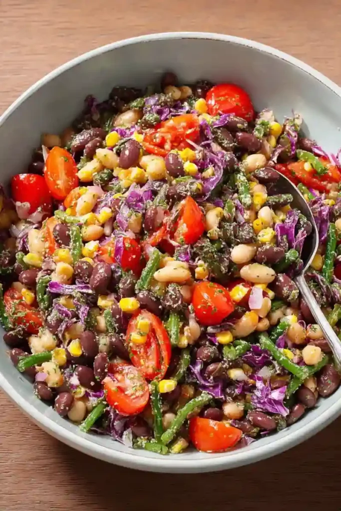 Close-up of dense bean salad with cherry tomatoes, black beans, green beans, corn, and purple cabbage in a white bowl