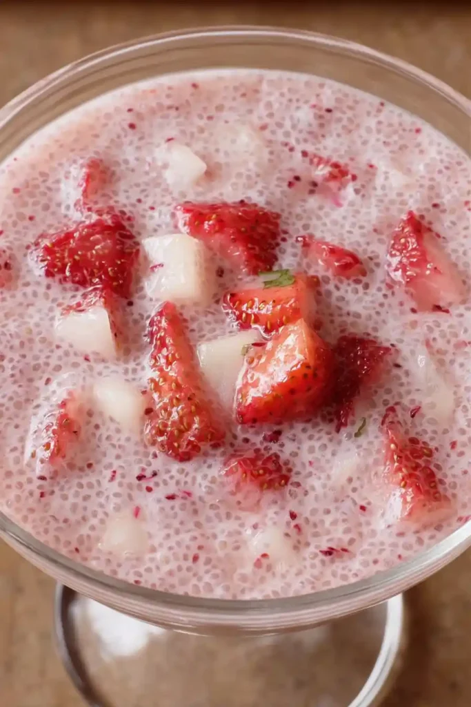 Close-up of creamy strawberry sago dessert with diced strawberries and coconut jelly in a glass bowl