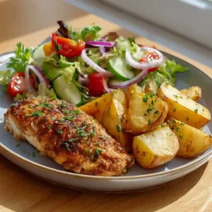 Grilled chicken breast with roasted potatoes and fresh garden salad on a plate.