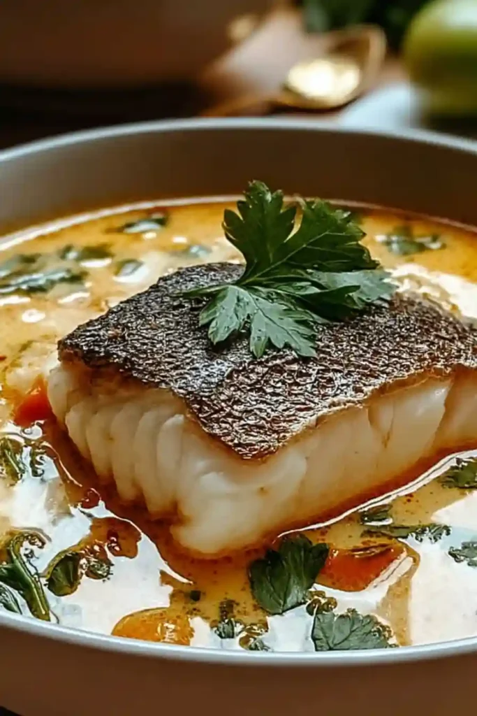Coconut lime fish soup served hot with crispy-skinned cod and fresh cilantro in a deep bowl