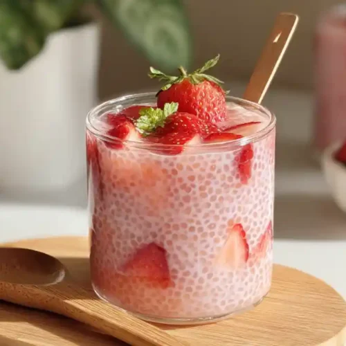 Strawberry Sago in a clear glass topped with fresh strawberries and mint on a wooden board