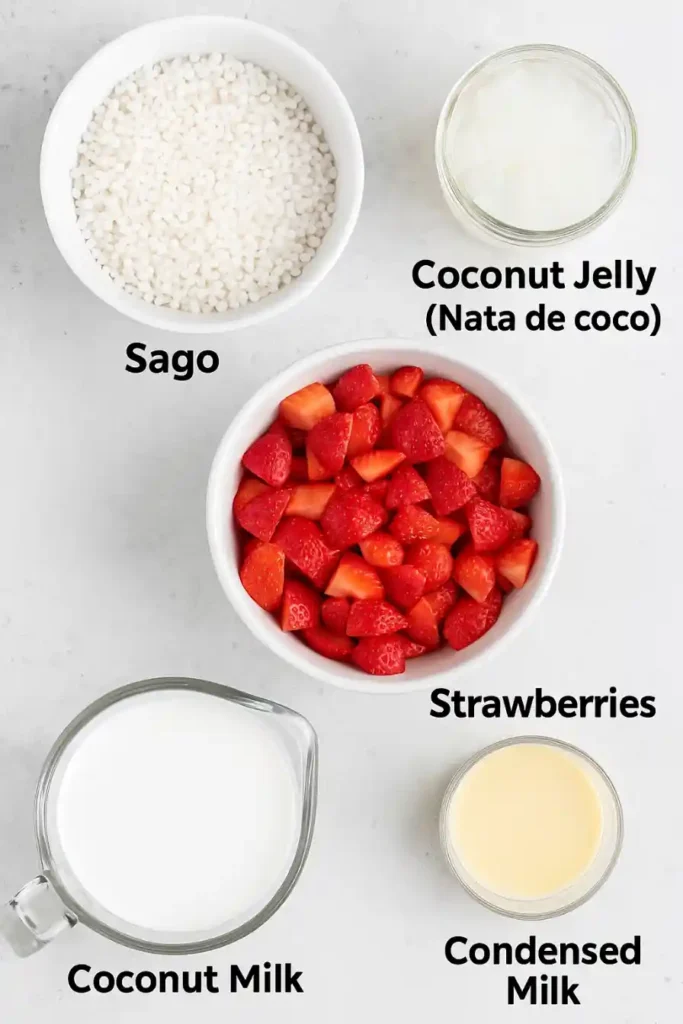 Flat lay of strawberry sago ingredients including sago pearls, coconut jelly, strawberries, coconut milk, and condensed milk