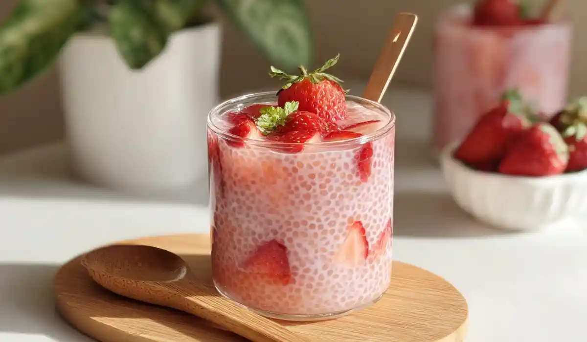 Strawberry Sago in a clear glass topped with fresh strawberries and mint on a wooden board
