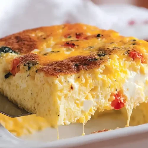 baked cottage cheese eggs casserole slice with vegetables and cheese