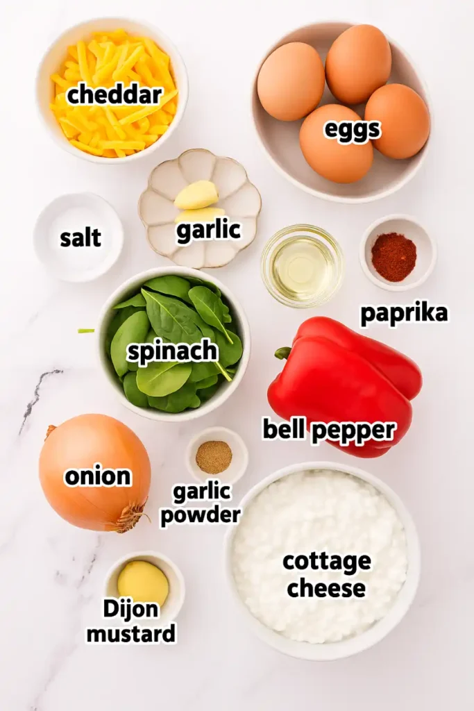 ingredients for baked cottage cheese eggs with vegetables and cheese