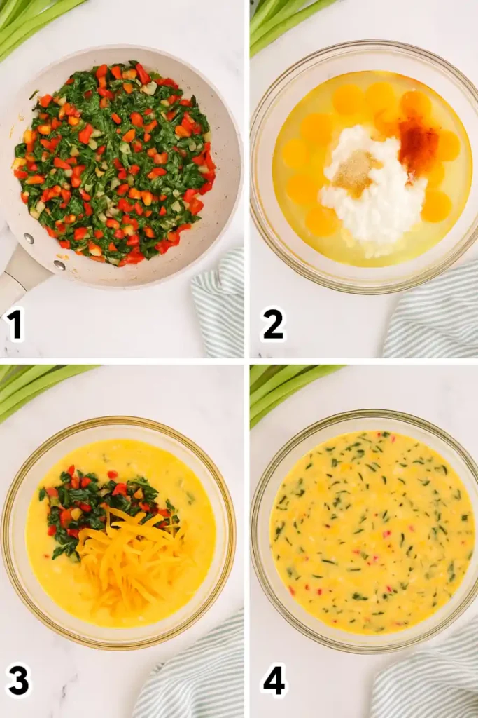 step-by-step mixing process for baked cottage cheese eggs with vegetables and cheese