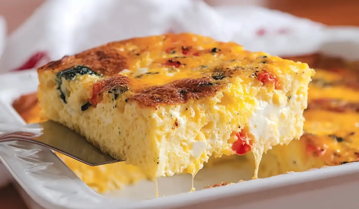 baked cottage cheese eggs casserole slice with vegetables and cheese