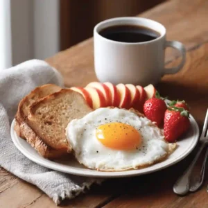 Healthy breakfast with sunny-side-up egg, toast, sliced apples, strawberries, and black coffee on wooden table.