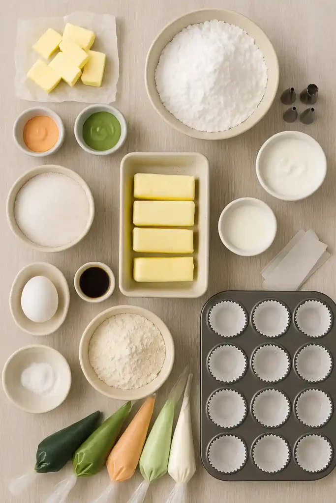 Flat lay of succulent cupcake ingredients including butter, powdered sugar, food coloring, flour, eggs, and piping tools on a light surface.