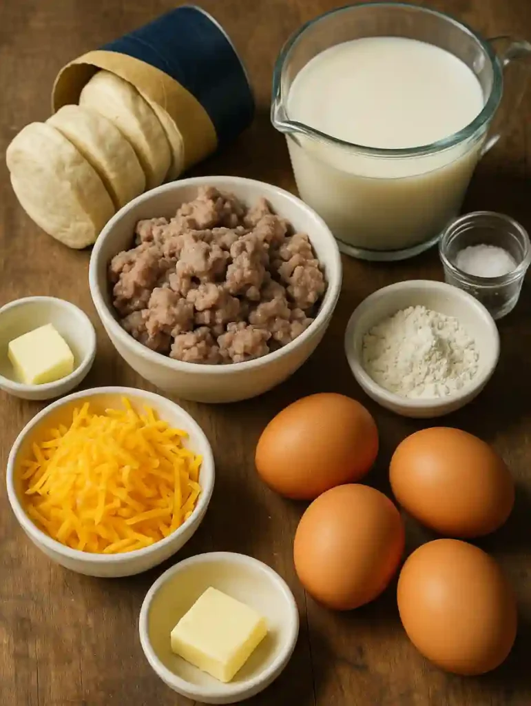Ingredients for biscuits and sausage gravy breakfast pizza arranged on wood