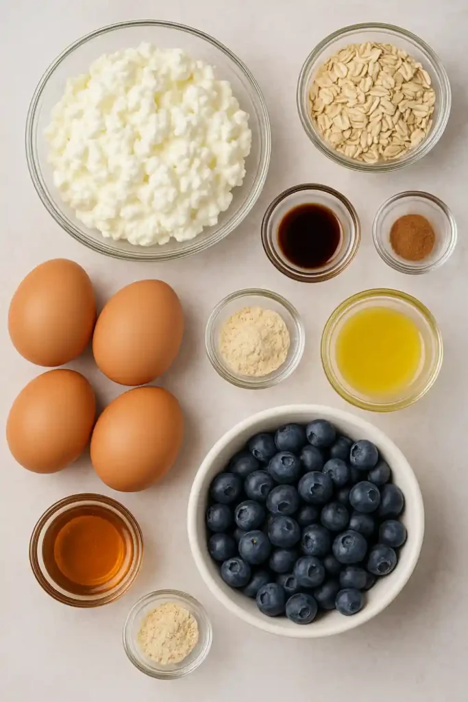Measured ingredients for blueberry cottage cheese breakfast bake laid out on a counter