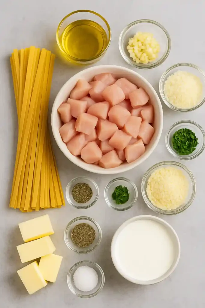 Ingredients for garlic butter chicken bites and creamy parmesan pasta