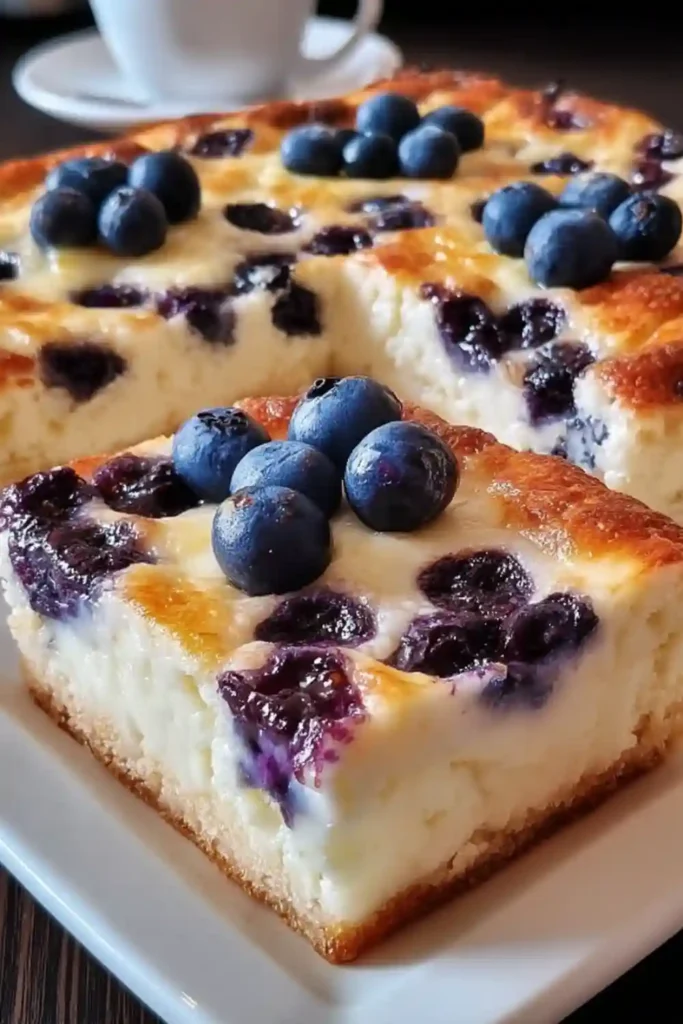 Sliced blueberry cottage cheese breakfast bake served on a white plate