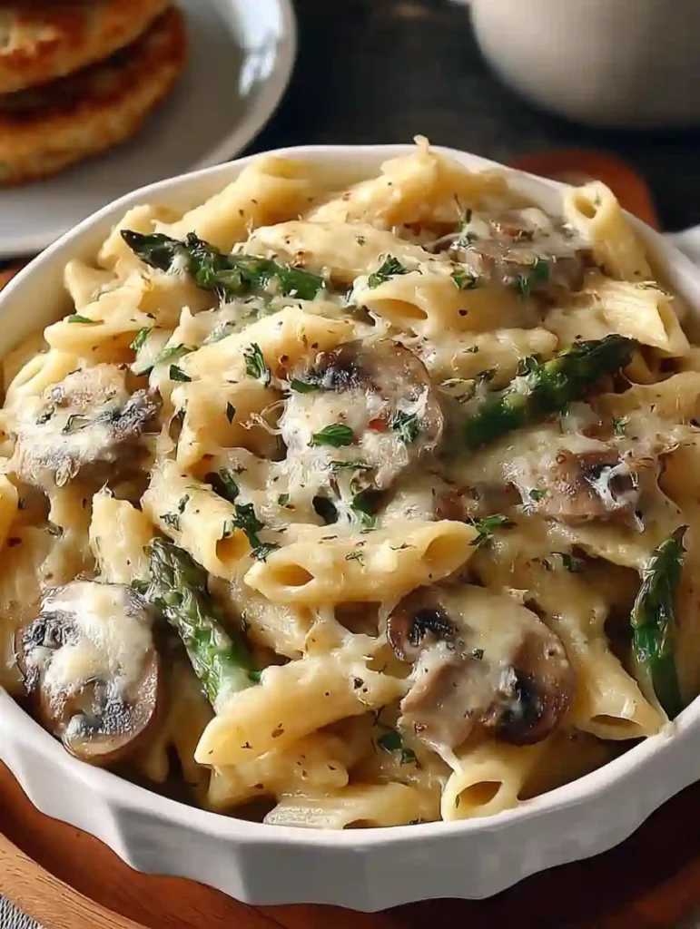 Sautéed mushrooms and asparagus cooking in a skillet for creamy penne