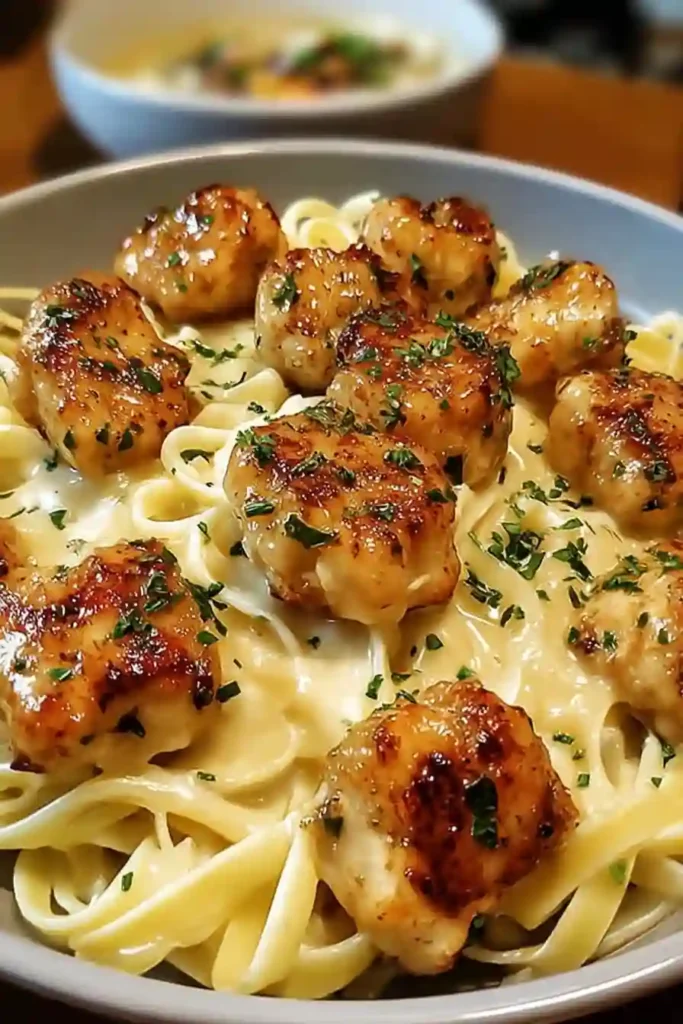 Garlic butter chicken bites cooked and served with creamy pasta
