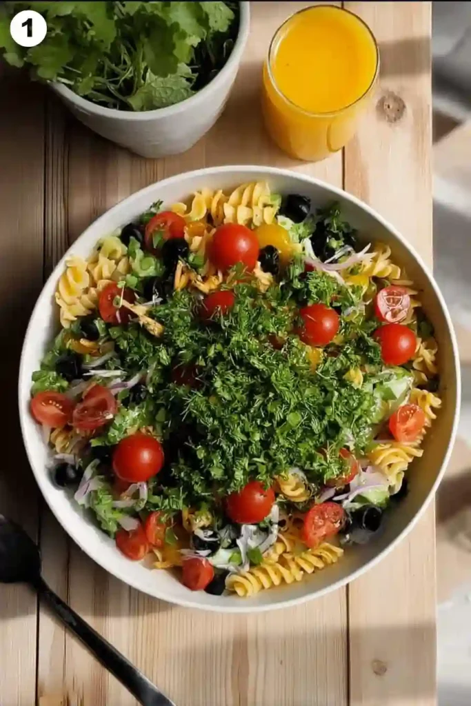 Layering High Protein Pasta Salad with Fresh Herbs and Vegetables