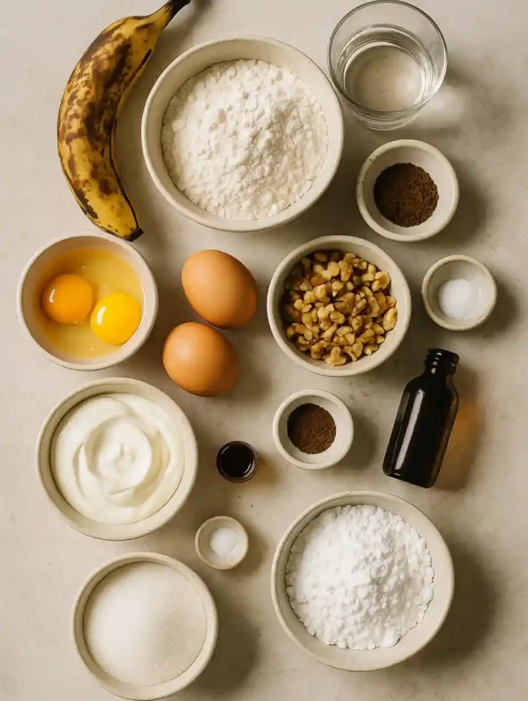 Flat lay of ingredients for coffee banana bread recipe