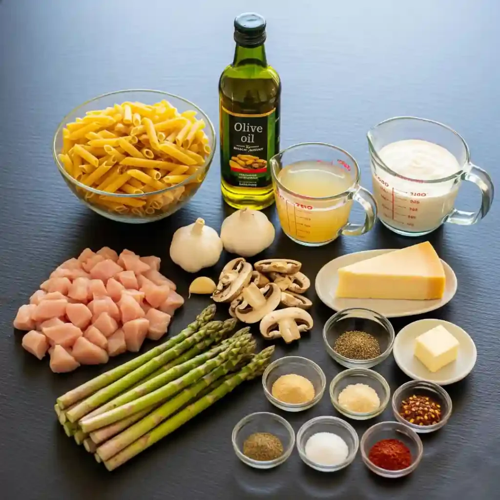 Overhead view of all ingredients for creamy mushroom and asparagus chicken penne